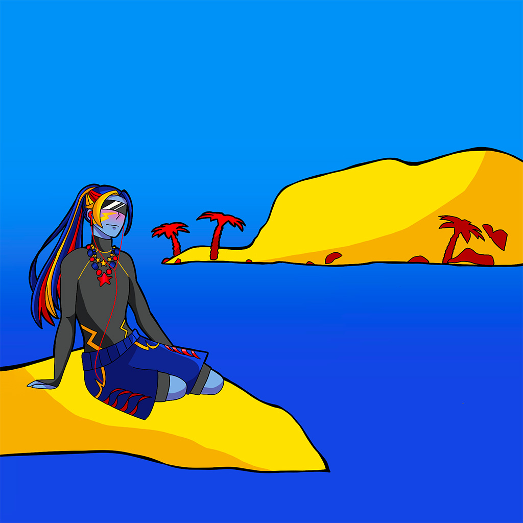 Illustration d'un personnage sur une ile tropicale