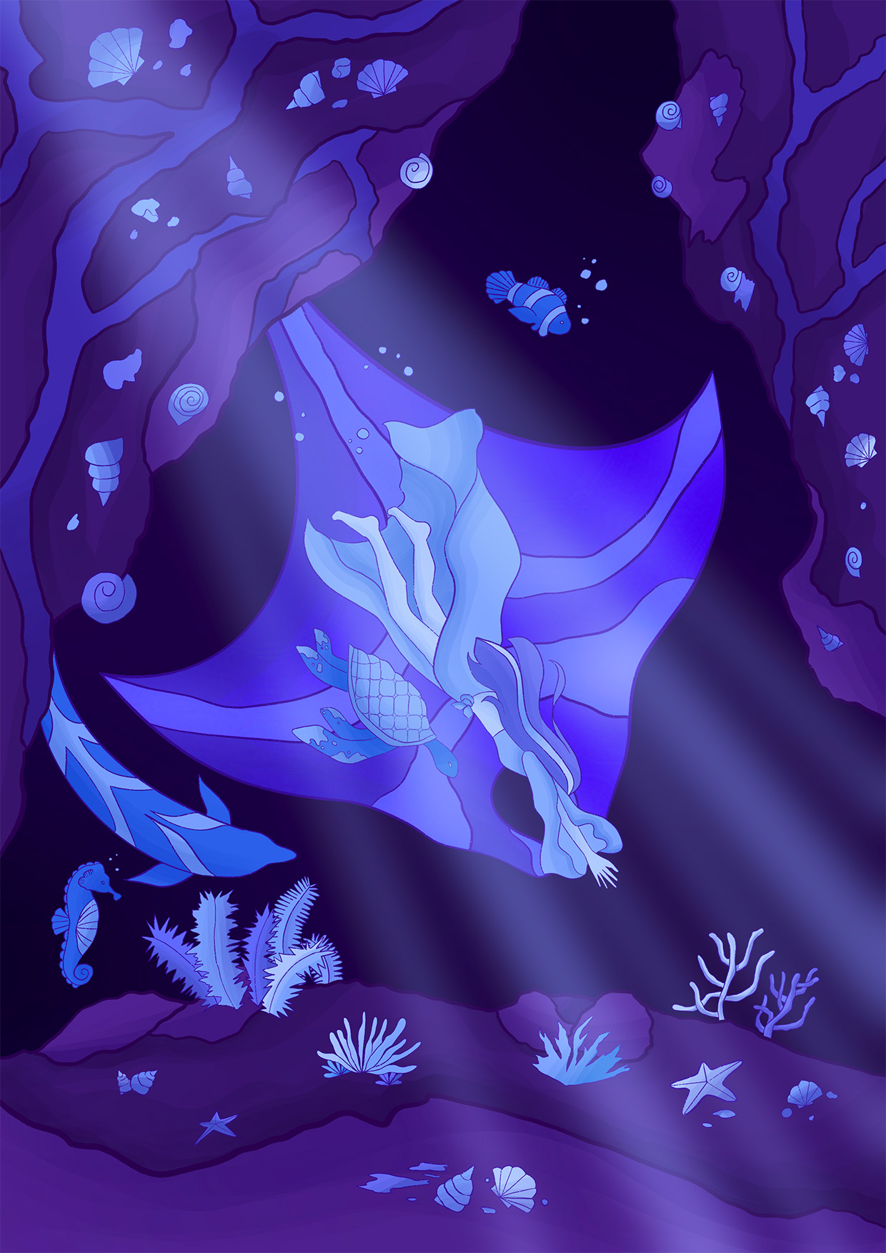 Illustration d'un personage dans l'océan entouré d'animaux marins