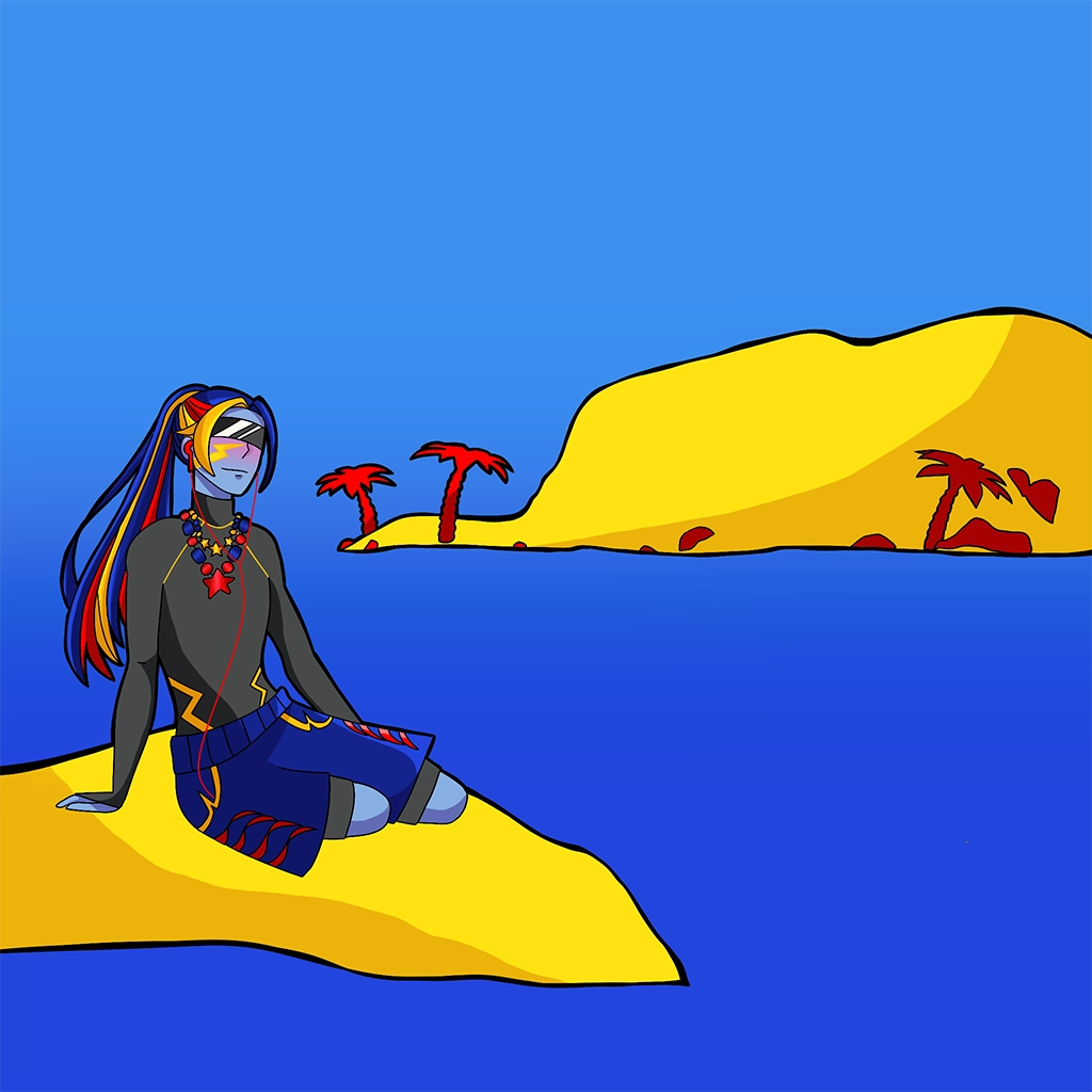 Illustration d'un personnage sur une ile tropicale