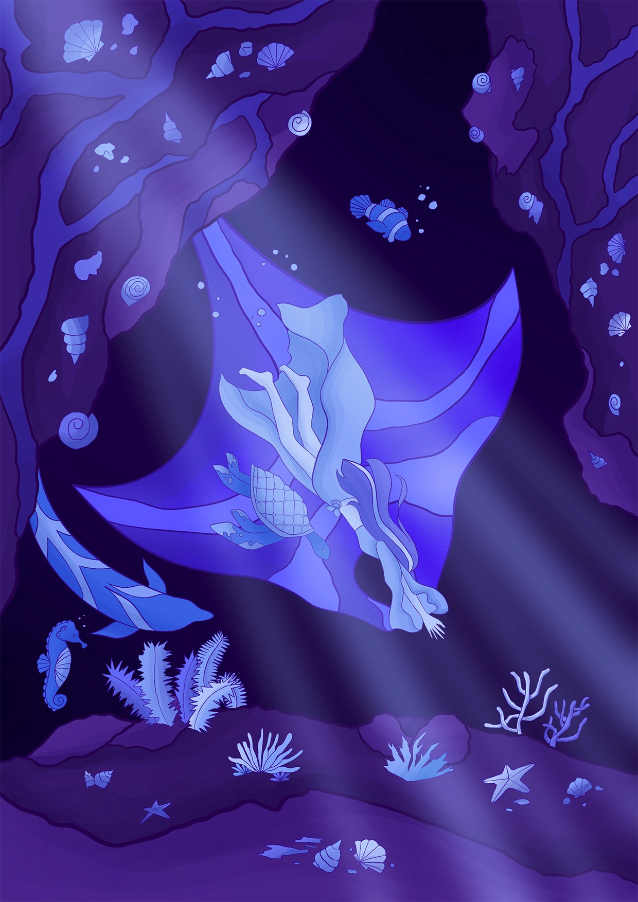 Illustration d'un personage dans l'océan entouré d'animaux marins
